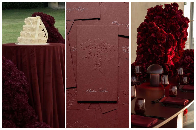 màu cưới 2026 burgundy trong không gian tiệc cưới sang trọng