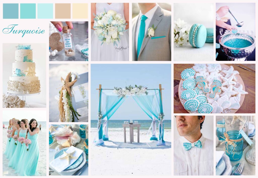 Bảng moodboard phong cách cưới với ảnh hoa, váy cưới và trang trí bàn tiệc.