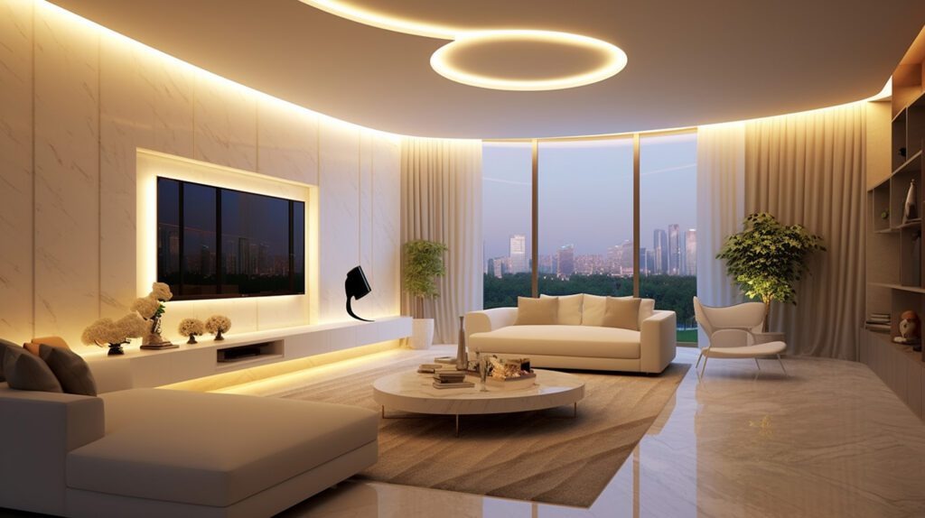 Phòng khách buổi tối với ánh sáng dịu và tinh dầu
