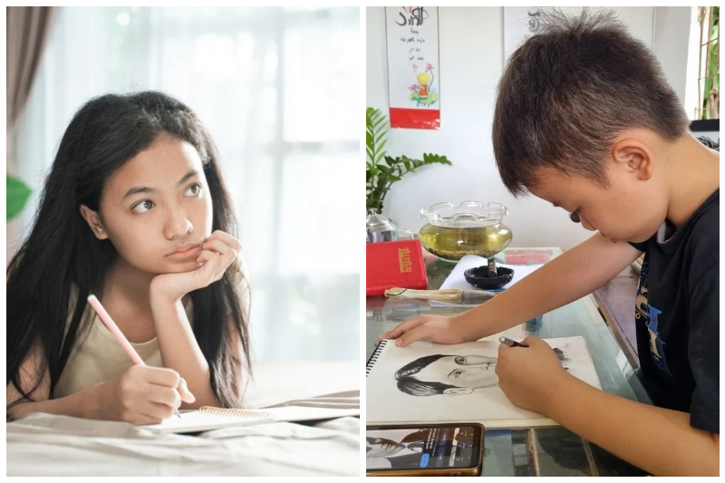 Bé trai đang viết nhật ký trong không gian sáng sủa.