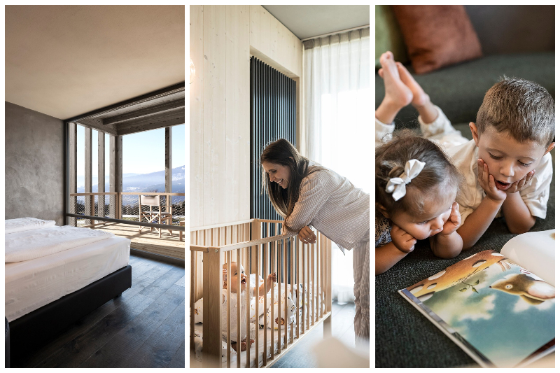 Suite hướng tầm nhìn ra dãy Dolomites hùng vĩ và góc phòng ngủ riêng cho bé