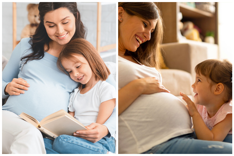 Cùng đọc sách về trẻ sơ sinh hoặc cho phép âu yếm bụng mẹ, bé dần làm quen với việc sắp có thêm em