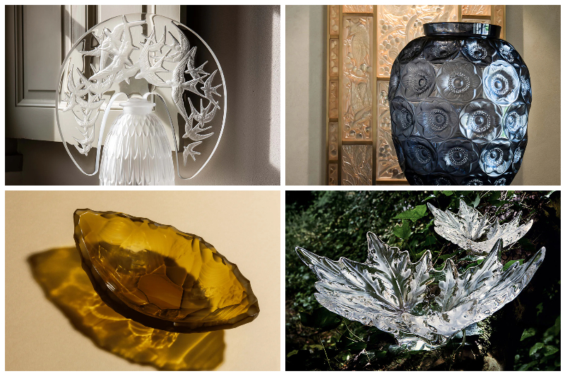 Trái sang phải, trên xuống dưới: đèn Hirondelles, bình Anémones Photophore, chén Glycines Bowl và Orchidée Sculpture