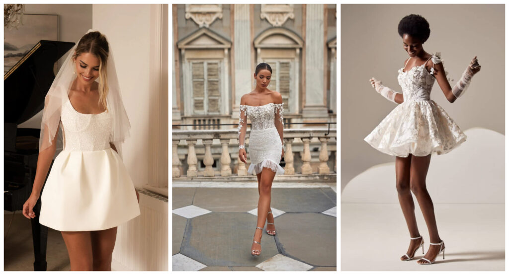 Cô dâu gen Z thanh lịch trong thiết kế váy cưới dáng ngắn.