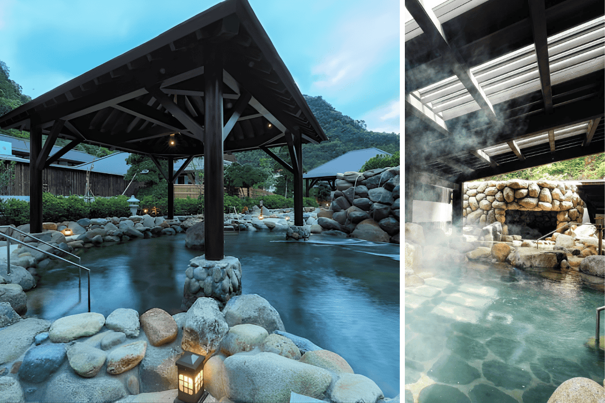 Khu tắm Onsen gồm 27 bể tắm ngoài trời, 18 bể tắm bổ sung, khu sauna và hồ bơi trong nhà