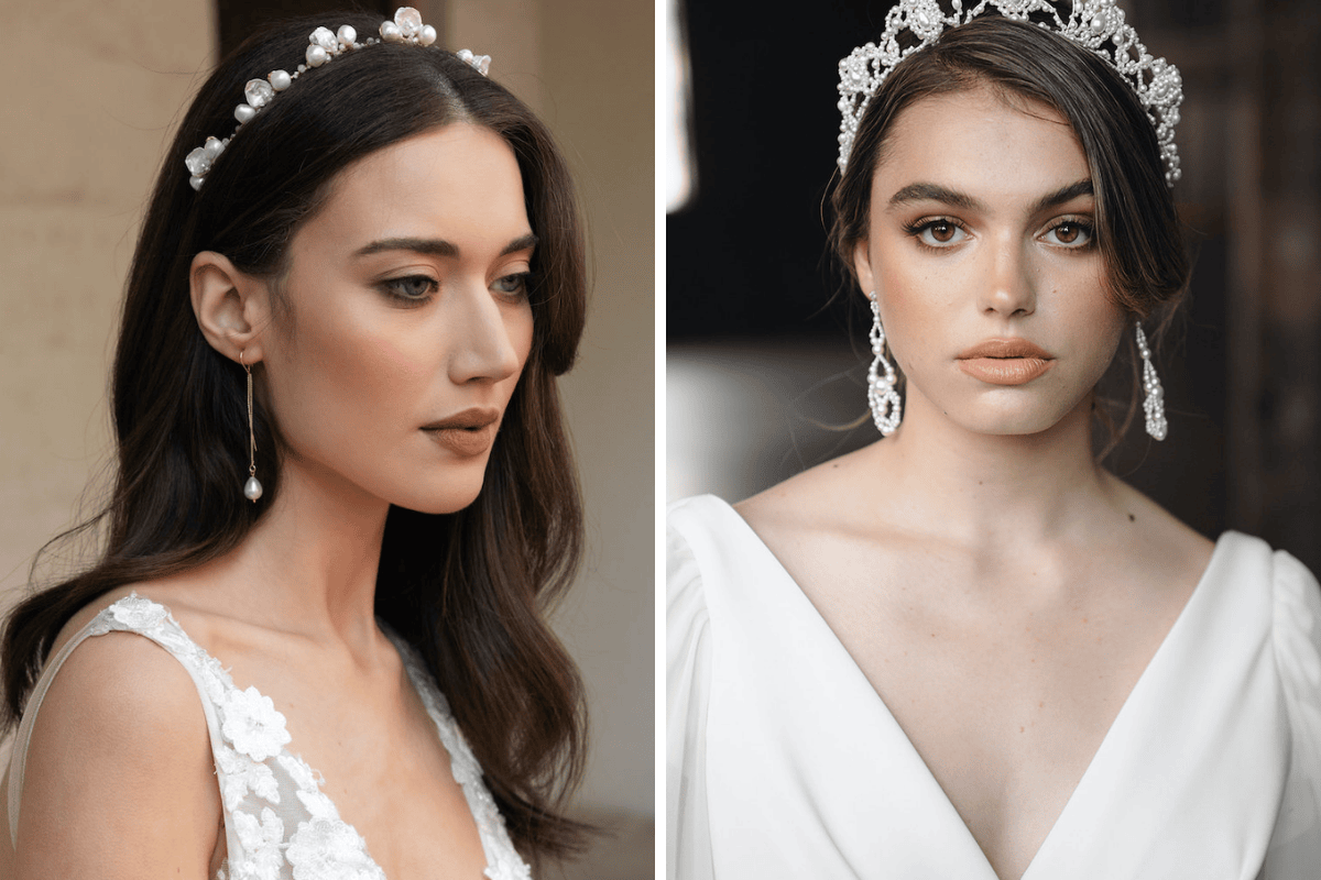 Tóc búi hợp với lược cài, ghim đá hoặc vương miện nhỏ. Tóc uốn xõa mềm lại đẹp với dây cài mềm, ruy băng hay điểm xuyết hoa nhỏ