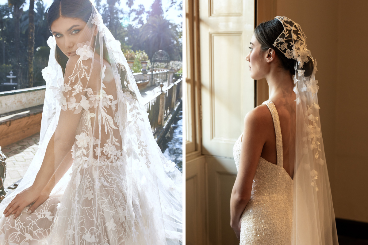 Viền ren bản lớn gợi vẻ lãng mạn cổ điển, mép cắt vỏ sò tạo cảm giác mềm mại và nữ tính, trong khi kiểu mantilla lại mang đến nét trang trọng đầy chất thơ
